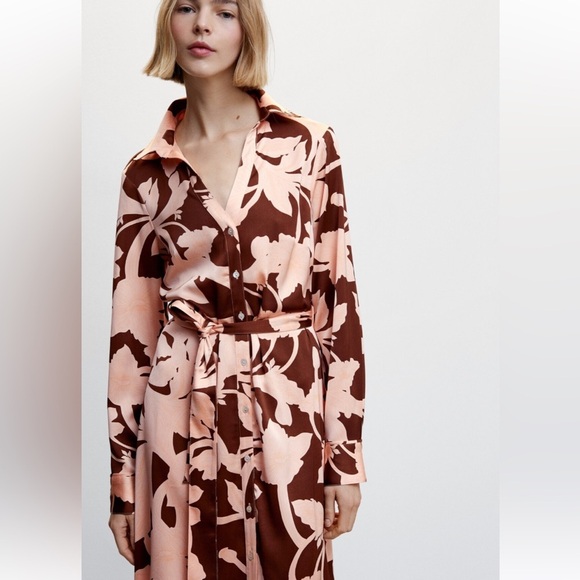 MNG Mango Floral Print Midi Dress in Pink and Brown - Picture 2 of 9